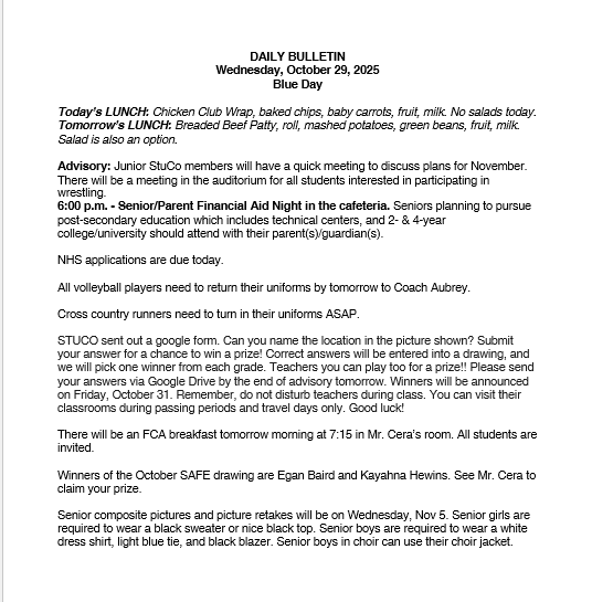 10/29/25 HS Daily Bulletin
