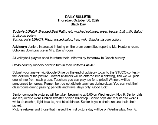 10/30/25 HS Daily Bulletin