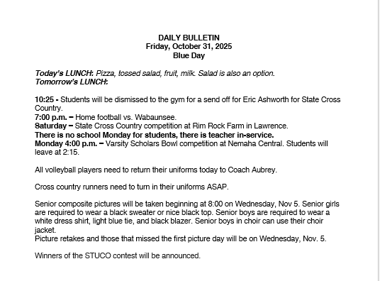 10/31/25 HS Daily Bulletin