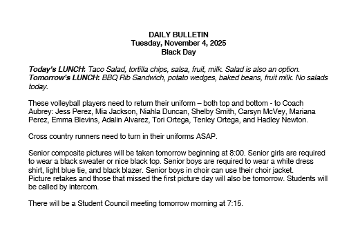 11/4/25 HS Daily Bulletin