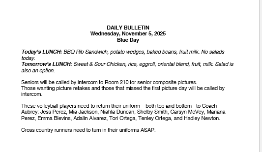 11/5/25 HS Daily Bulletin