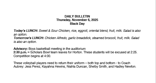 11/6/25 HS Daily Bulletin