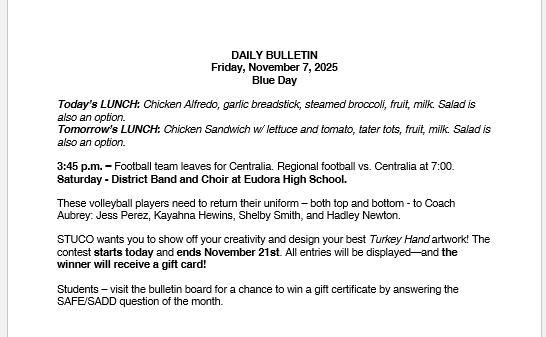 11/7/25 HS Daily Bulletin