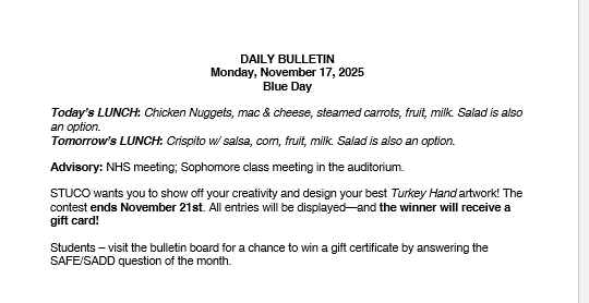 11/17/25 HS Daily Bulletin