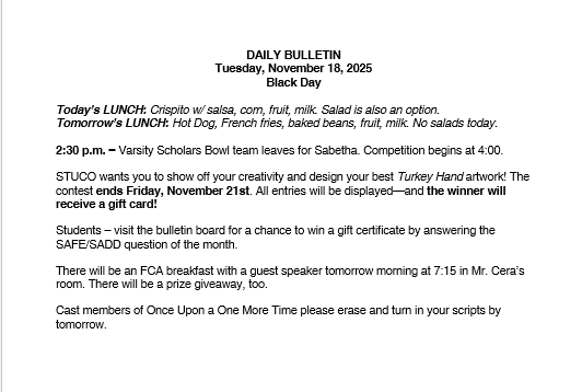 11/18/25 HS Daily Bulletin