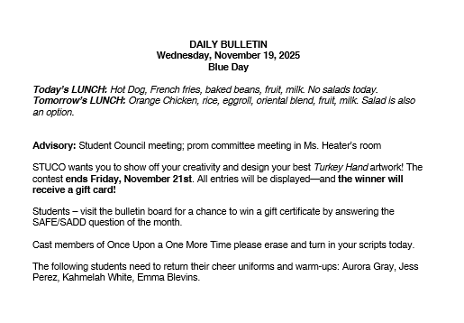 11/19/25 HS Daily Bulletin