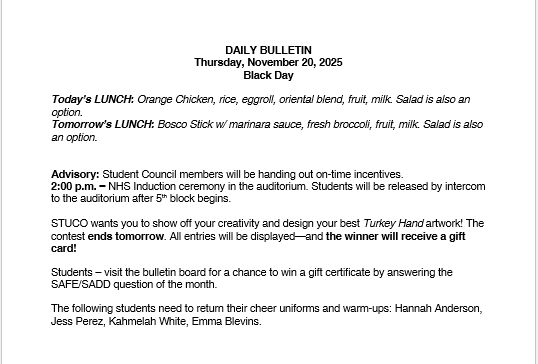 11/20/25 HS Daily Bulletin