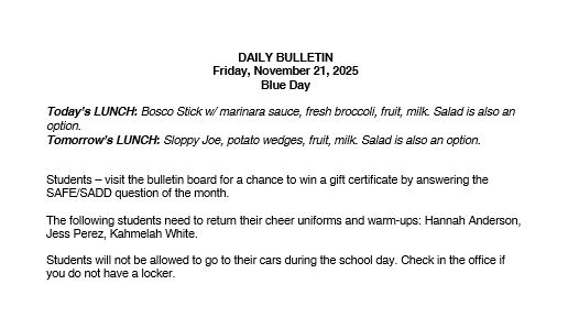 11/21/25 HS Daily Bulletin