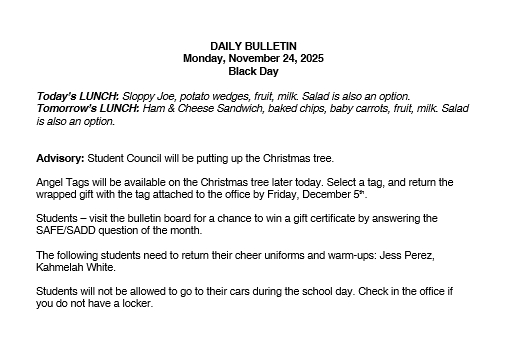 11/24/25 HS Daily Bulletin