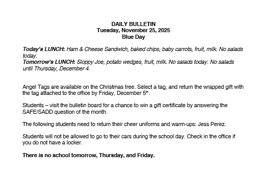 11/25/25 HS Daily Bulletin