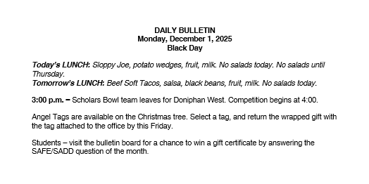 12/1/25 HS Daily Bulletin