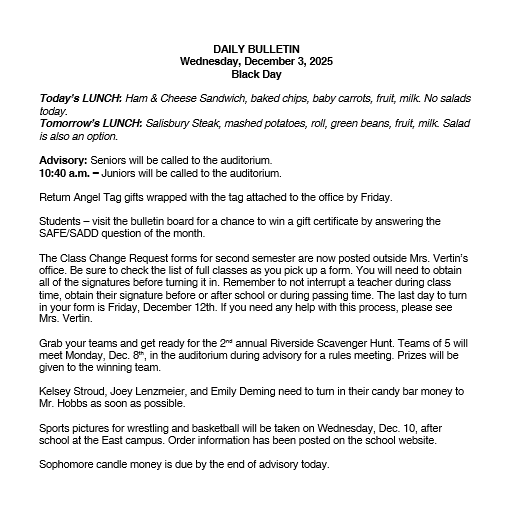12/3/25 HS Daily Bulletin