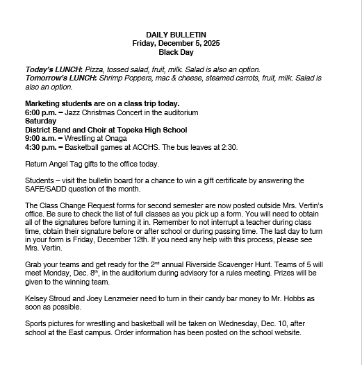 12/5/25 HS Daily Bulletin