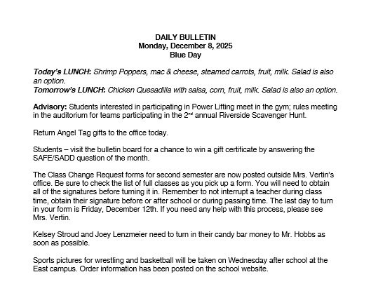 12/8/25 HS Daily Bulletin
