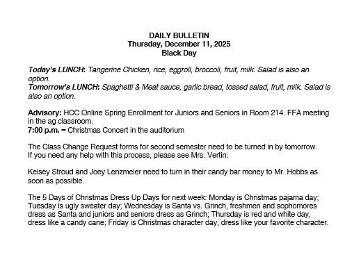 12/11/25 HS Daily Bulletin