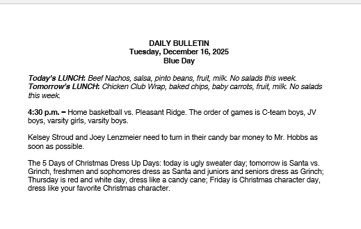 12/16/25 HS Daily Bulletin