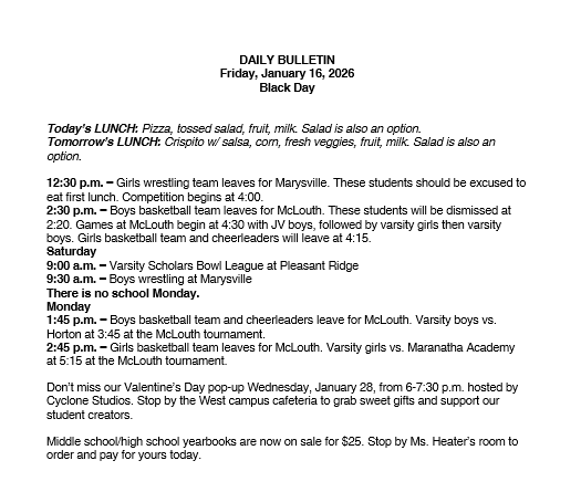 1/16/26 HS Daily Bulletin