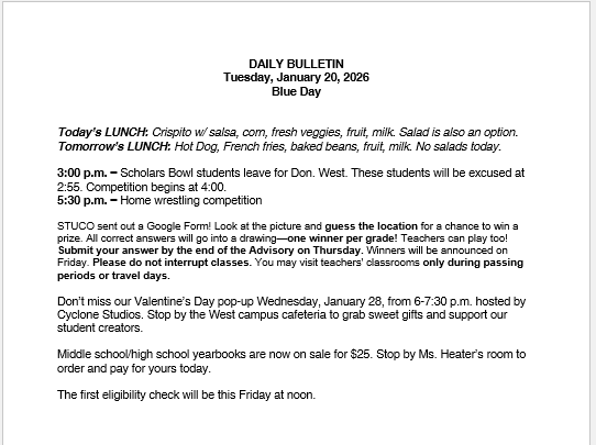 1/20/26 HS Daily Bulletin