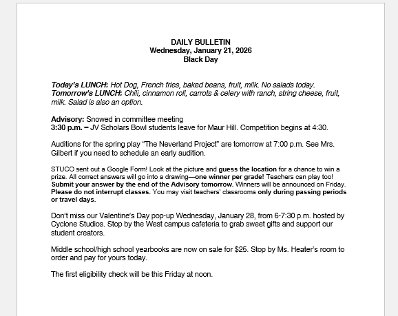 1/21/26 HS Daily Bulletin