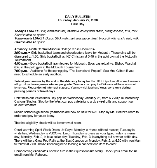 1/22/26 HS Daily Bulletin