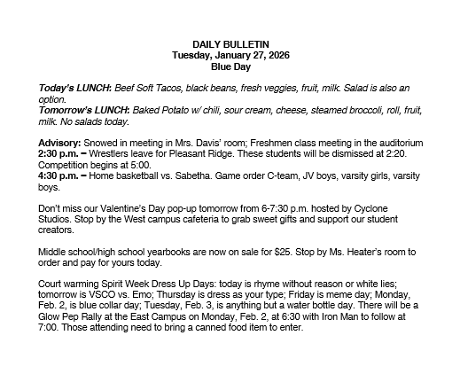 1/27/26 HS Daily Bulletin