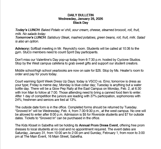 1/28/26 HS Daily Bulletin