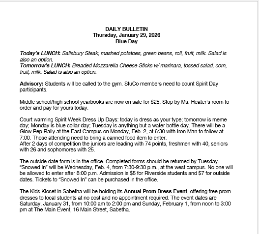 1/29/26 HS Daily Bulletin