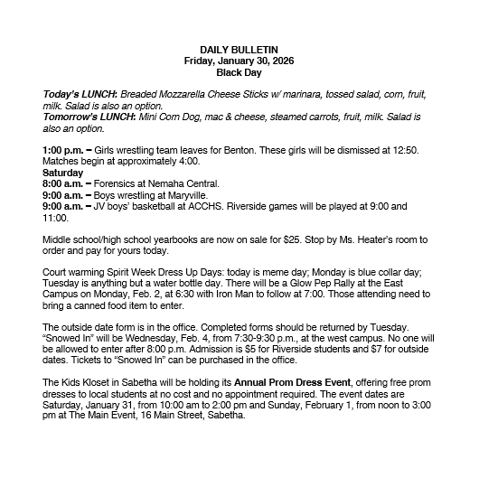 1/31/26 HS Daily Bulletin