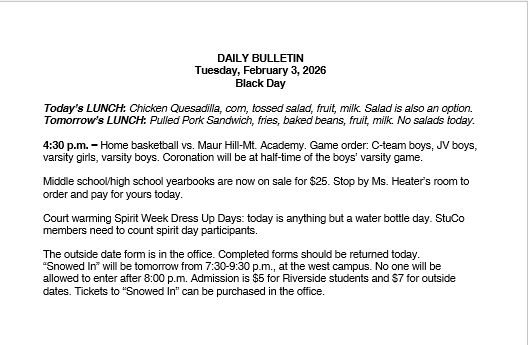 2/3/26 HS Daily Bulletin