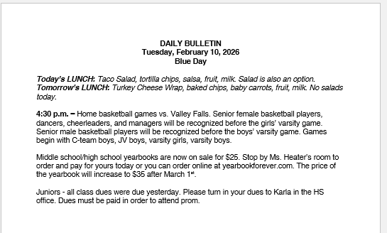 2/10/26 HS Daily Bulletin