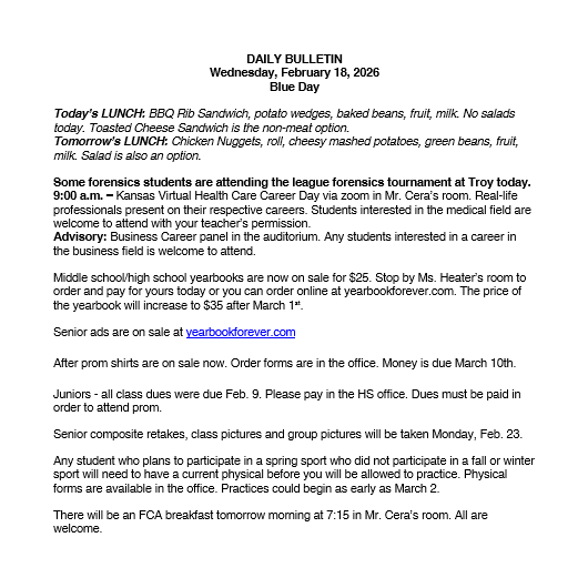 2/18/26 HS Daily Bulletin