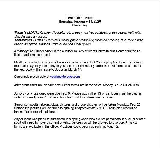 2/19/26 HS Daily Bulletin