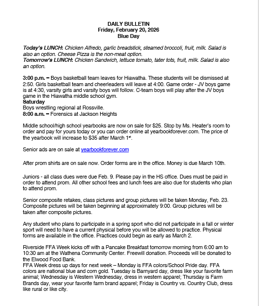 2/20/26 HS Daily Bulletin