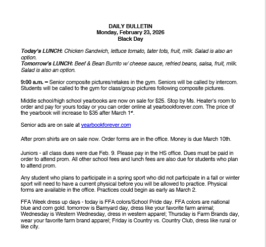 2/23/26 HS Daily Bulletin