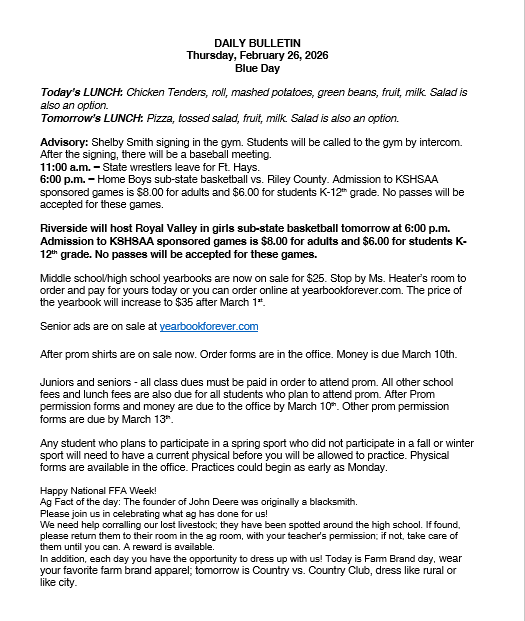 2/26/26 HS Daily Bulletin