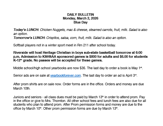 3/2/26 HS Daily Bulletin