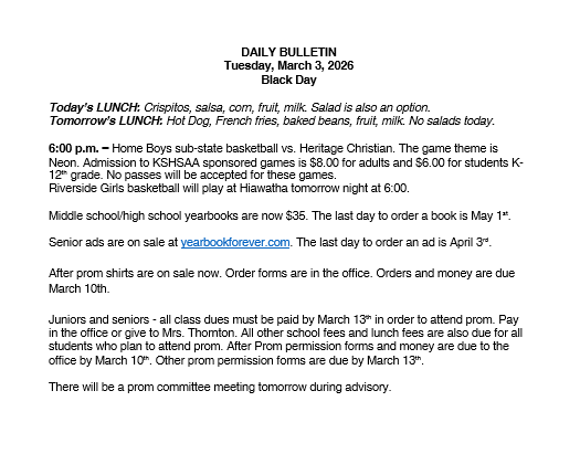 3/3/26 HS Daily Bulletin