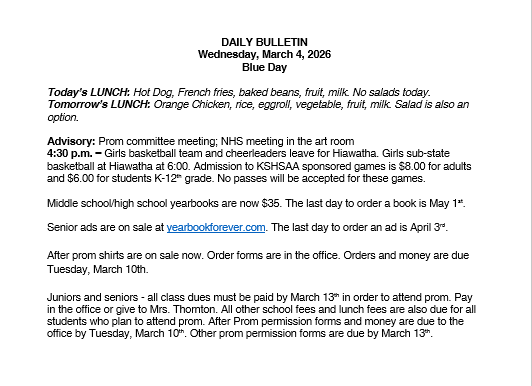 3/4/26 HS Daily Bulletin