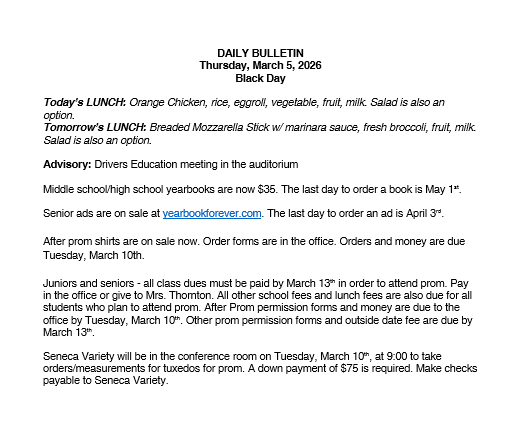 3/5/26 HS Daily Bulletin