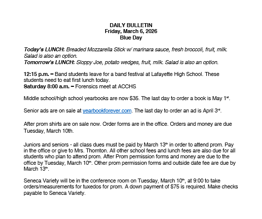 3/6/26 HS Daily Bulletin