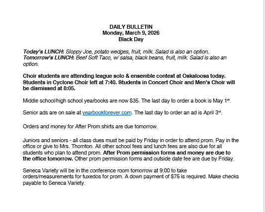 3/9/26 HS Daily Bulletin
