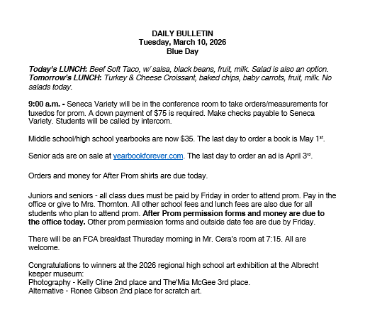3/10/26 HS Daily Bulletin