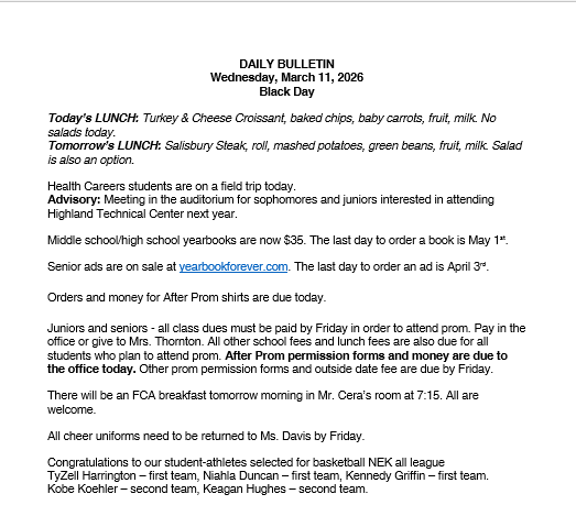 3/11/26 HS Daily Bulletin