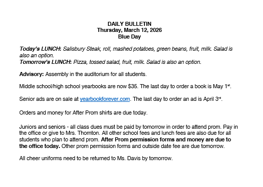 3/12/26 HS Daily Bulletin
