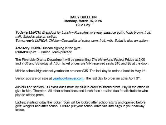 3/16/26 HS Daily Bulletin