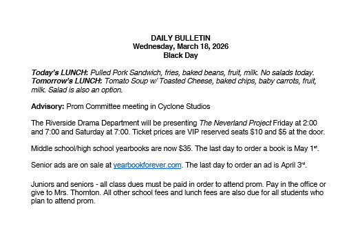 3/18/26 HS Daily Bulletin
