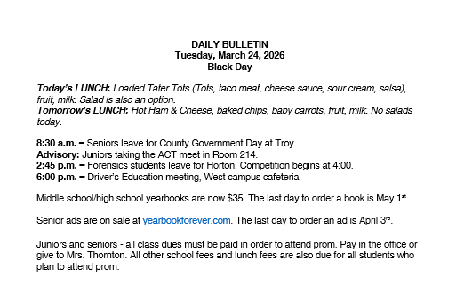 3/24/26 HS Daily Bulletin