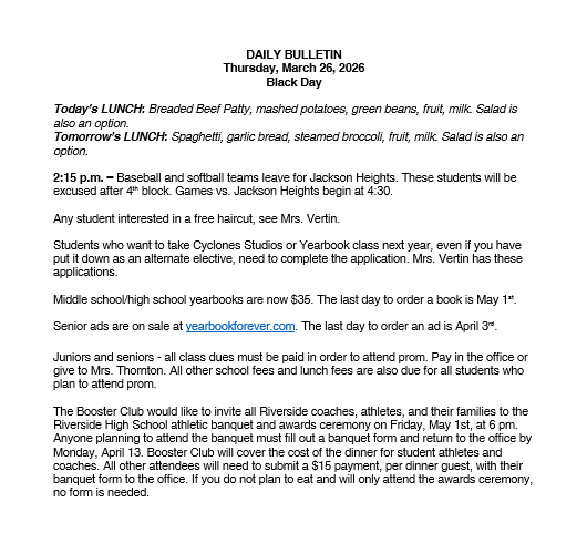 3/26/26 HS Daily Bulletin