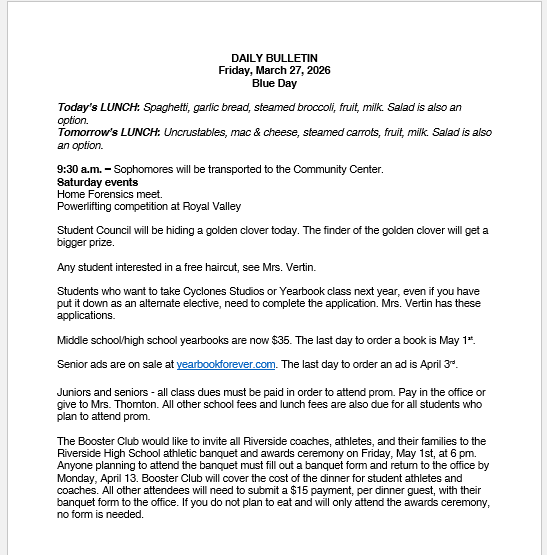 3/27/26 HS Daily Bulletin