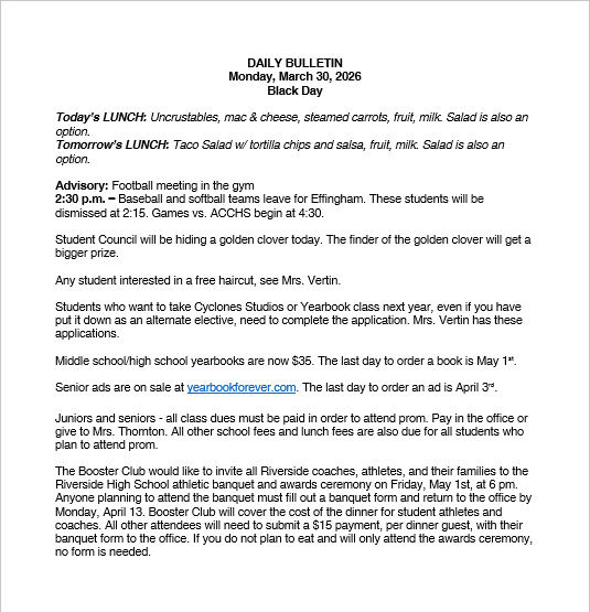 3/30/26 HS Daily Bulletin